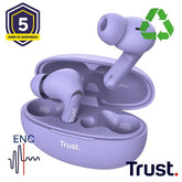 AURICOLARI BLUETOOTH EARBUDS CON RIDUZIONE DEL RUMORE ENC - PLASTICA RICICLATA 35% - TRUST YAVI VIOLA