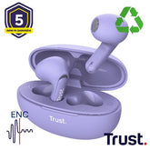 AURICOLARI BLUETOOTH EARPHONES CON RIDUZIONE DEL RUMORE ENC - PLASTICA RICICLATA 35% - TRUST YAVI VIOLA