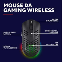 MOUSE GAMING RGB WIRELESS RICARICABILE ULTRALEGGERO 4.800DPI, AUTONOMIA 80H - TRUST GXT929 HELOX NERO