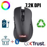 MOUSE GAMING RGB WIRELESS RICARICABILE MULTI-DISPOSITIVO 2,4GHz + BT, 7.200DPI, AUTONOMIA 50H - PLASTICA RICICLATA 70% - TRUST GXT931 YBAR - NERO