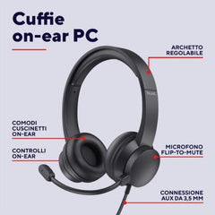 CUFFIE ON-EAR CABLATE 1,8M JACK 3,5MM CON MICROFONO FLIP TO MUTE - TRUST B2B HS-150 - NERO