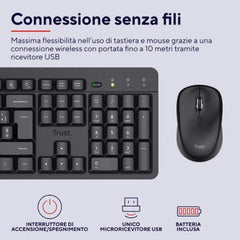 KIT DESK SET TASTIERA E MOUSE WIRELESS SILENZIOSI RESISTENTE AGLI SVERSAMENTI - LAYOUT ITALIANO - TRUST B2B TK-360 NERO
