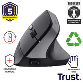 MOUSE ERGONOMICO (CERTIFICATO ERGOCERT) VERTICALE WIRELESS RICARICABILE - 2400DPI - PLASTICA RICICLATA 70% - TRUST B2B TM-270 NERO