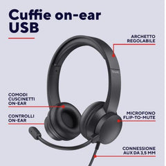 CUFFIE ON-EAR CABLATE 1,8M USB CON MICROFONO FLIP TO MUTE - TRUST B2B HS-201 USB - NERO