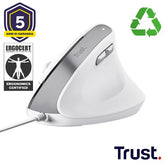 MOUSE ERGONOMICO VERTICALE CABLATO CERTIFICATO ERGOCERT - PLASTICA RICICLATA 50% - TRUST BAYO II BIANCO