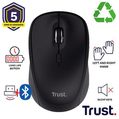 MOUSE WIRELESS MULTICONNECT 2x BT + 1 WL 2,4GHz SILENT - DURATA BATTERIA 12 MESI - 1600DPI - PLASTICA RICICLATA 75% -TRUST YVI+ MULTI-DEVICE NERO