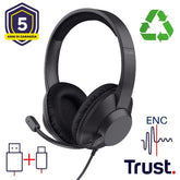 CUFFIE OVER-EAR CABLATE 1,8M USB CON MICROFONO FLIP TO MUTE E RIDUZIONE RUMORE ENC - 85% PLASTICA RICICLATA - TRUST AYDA MAX USB ENC- NERO