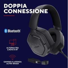 CUFFIA GAMING WIRELESS RICARICABILE CON DOPPIA CONNESSIONE BT + 2,4GHz OVER-EAR, DRIVER 50MM - TRUST GXT493 CARUS - NERO