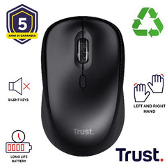 MOUSE WIRELESS SILENZIOSO - 1600DPI - PLASTICA RICICLATA 82% - DURATA BATTERIA 12 MESI - TRUST YVI+ - NERO GLOSS