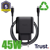 ALIMENTATORE/CARICABATTERIA 45W USB-C GAN - CAVO RICARICA INCLUSO - PLASTICA RICICLATA 50% - TRUST MAXO - NERO