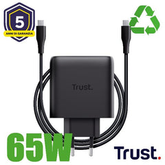 ALIMENTATORE/CARICABATTERIA 65W 2 PORTE USB-C GAN - PLASTICA RICICLATA 50% - TRUST MAXO - NERO