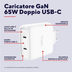 ALIMENTATORE/CARICABATTERIA 65W 2 PORTE USB-C GAN - PLASTICA RICICLATA 50% - TRUST MAXO - BIANCO