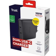 ALIMENTATORE/CARICABATTERIA 100W 2 PORTE USB-C GAN - PLASTICA RICICLATA 50% - TRUST MAXO - NERO