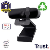 WEBCAM FULL HD 1980X1080P - FILTRO PRIVACY - 85% PLASTICA RICICLATA - TRUST TANOR - NERO