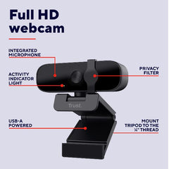 WEBCAM FULL HD 1980X1080P - FILTRO PRIVACY - 85% PLASTICA RICICLATA - TRUST TANOR - NERO