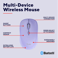 MOUSE WIRELESS MULTICONNECT 2x BT + 1 WL 2,4GHz SILENT - DURATA BATTERIA 12 MESI - 1600DPI - PLASTICA RICICLATA 75% -TRUST YVI+ MULTI-DEVICE VIOLA