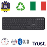 TASTIERA WIRELESS RICARICABILE MULTICONNECT 2 BT + 1 WL 2,4GHZ - PLASTICA RICICLATA 55% - LAYOUT ITALIANO - TRUST VAIYA - NERO