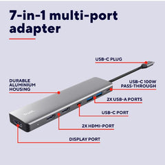 ADATTATORE DOCKING STATION MULTIPORT 7 IN 1, 2 HDMI 4K (60HZ)+ 1 DP 4K (60HZ)+ 2 USB-A 3.2 + 1 USB-C PD - TRUST DALYX 7-IN-1 - ALLUMINIO