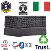 TASTIERA ERGONOMICA (CERTIFICATA ERGOCERT) WIRELESS MULTICONNECT BT + 2,4GHz - PLASTICA RICICLATA 85% - LAYOUT ITALIANO -TRUST KEYRA NERO