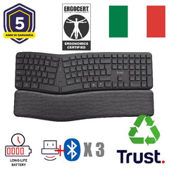 TASTIERA ERGONOMICA (CERTIFICATA ERGOCERT) WIRELESS MULTICONNECT BT + 2,4GHz - PLASTICA RICICLATA 85% - LAYOUT ITALIANO -TRUST KEYRA NERO