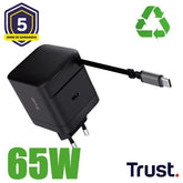 ALIMENTATORE/CARICABATTERIA 65W 1 PORTE USB-C + CAVO RETRATTILE USB-C - PLASTICA RICICLATA 50% - TRUST MAXO - NERO