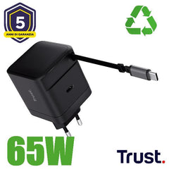 ALIMENTATORE/CARICABATTERIA 65W 1 PORTE USB-C + CAVO RETRATTILE USB-C - PLASTICA RICICLATA 50% - TRUST MAXO - NERO