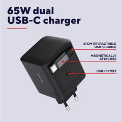 ALIMENTATORE/CARICABATTERIA 65W 1 PORTE USB-C + CAVO RETRATTILE USB-C - PLASTICA RICICLATA 50% - TRUST MAXO - NERO