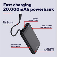 POWERBANK 20.000MAH - CAVO USB-C PD 20W + 1 USB-C 20W PD 3.0 + PPS - TRUST FIERA POWERBANK - NERO
