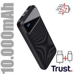 POWER BANK 10.000MAH CARICA VELOCE - 2 USB-A 18W QC 3.0 AUTO DETECT + 1 USB-C 20W PD 3.0 + PPS - TRUST AVALA POWERBANK - NERO