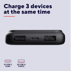 POWER BANK 10.000MAH CARICA VELOCE - 2 USB-A 18W QC 3.0 AUTO DETECT + 1 USB-C 20W PD 3.0 + PPS - TRUST AVALA POWERBANK - NERO