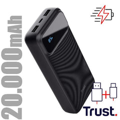 POWER BANK 20.000MAH CARICA VELOCE - 2 USB-A 18W QC 3.0 AUTO DETECT + 1 USB-C 20W PD 3.0 + PPS - TRUST AVALA POWERBANK - NERO