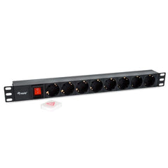 EQUIP - MULTIPRESA 8-BAY SCHUKO DIN49440, Spina Schuko DIN49440, Spina IEC320 C14, 1U 19" con interruttore, Alluminio