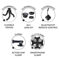 ADVENTUREKIT - Kit accessori per smartphone, Mini treppiede con gambe snodabili, dotato di filettatura 1/4", set di 3 lenti fotografiche per la fotocamera smartphone e telecomando