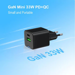 CARICATORE PD USB GaN 2-PORTE da 33W con cavo di ricarica 3 in 1, (1x USB-C, 1x USB-A, QC 3.0, PPS) - NERO