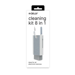 CLEANINGKIT - Kit pulizia dispositivi 8in1, punta rimozione sporco, spazzola pulizia scanalature, spugna, panno in microfibra, nebulizzatore, chiave rimuovi tasti, stand x telefono