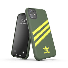 ADIDAS ORIGINALS - Cover SAMBA in TPU+Poliuretano con bordi rialzati di colore verde con strisce gialle compatibile con Apple iPhone 12 Mini