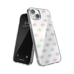 ADIDAS ORIGINALS - Cover trasparente in TPU morbido con logo trifoglio colore oro compatibile con Apple iPhone 14 Plus