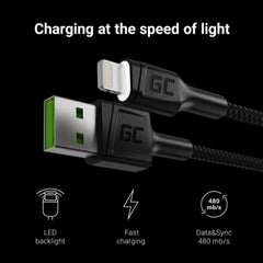 Green Cell GC Ray USB - Cavo Lightning 120cm per iPhone, iPad, iPod, LED bianco, ricarica rapida