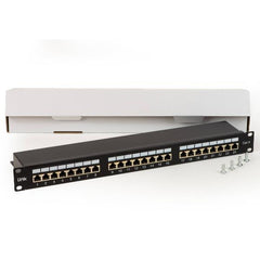 PANNELLO PATCH PER RETI CON 24 PORTE RJ45 CAT 6 SCHERMATO 19" COLORE NERO