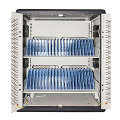 ARMADIO ALLOGGIAMENTO 40 TABLET CON RUOTE MULTIPRESE INCLUSE VENTOLE DI RAFFREDDAMENTO PORTA IN ACCIAIO TRAFORATA COLORE GRIGIO NERO