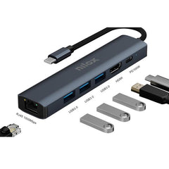 NILOX TECH - Docking station con porta USb-C, 6in1, 3 porte USB 3.2, RJ45, HDMI 4K, potenza massima 100 Watt