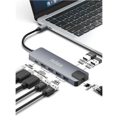 NILOX TECH - Docking station con porta USB-C, 2 porte HDMI 4K, 4 porte USB, RJ45, USB-C potenza massima 100 Watt