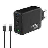 NILOX TECH - Caricabatteria da rete, tecnologia GaN, potenza massima 100 Watt, 4 porte totali, cavo USB-C a USB-C incluso, lunghezza cavo 2 metri, protezioni da cortocircuito