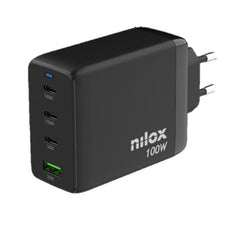 NILOX TECH - Caricabatteria da rete, tecnologia GaN, potenza massima 100 Watt, 4 porte totali, cavo USB-C a USB-C incluso, lunghezza cavo 2 metri, protezioni da cortocircuito