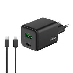NILOX TECH - Caricabatteria da rete, tecnologia GaN, potenza massima 45 Watt, 2 porte totali, cavo USB-C a USB-C incluso, lunghezza cavo 2 metri, protezioni da cortocircuito