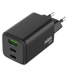 NILOX TECH - Caricabatteria da rete, tecnologia GaN, potenza massima 65 Watt, 3 porte totali, cavo USB-C a USB-C incluso, lunghezza cavo 2 metri, protezioni da cortocircuito