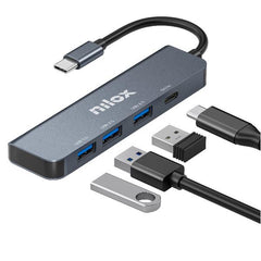 NILOX TECH - Hub con 4 porte, 3 porte USB-A 3.0, porta USB-C, velocità fino a 5 Gbps, connettore USB-C output