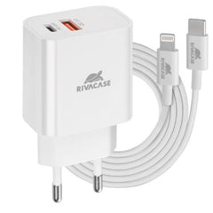 Wall charger white PD 20W + QC3.0, USB-A + USB-C, with USB-C/Lightning cable