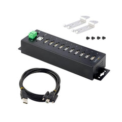 Hub USB 2.0 a 10 porte, hub di ricarica robusto con protezione ESD livello 4, Moltiplicatore di porte USB-A industriale montabile su DIN/parete/scrivania, splitter/sdoppiatore USB