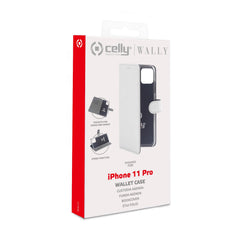 WALLY - Custodia a libro in pelle sintetica con chiusura flap magnetico, slot per carte e funzione stand colore bianco compatibile con Apple iPhone 11 Pro